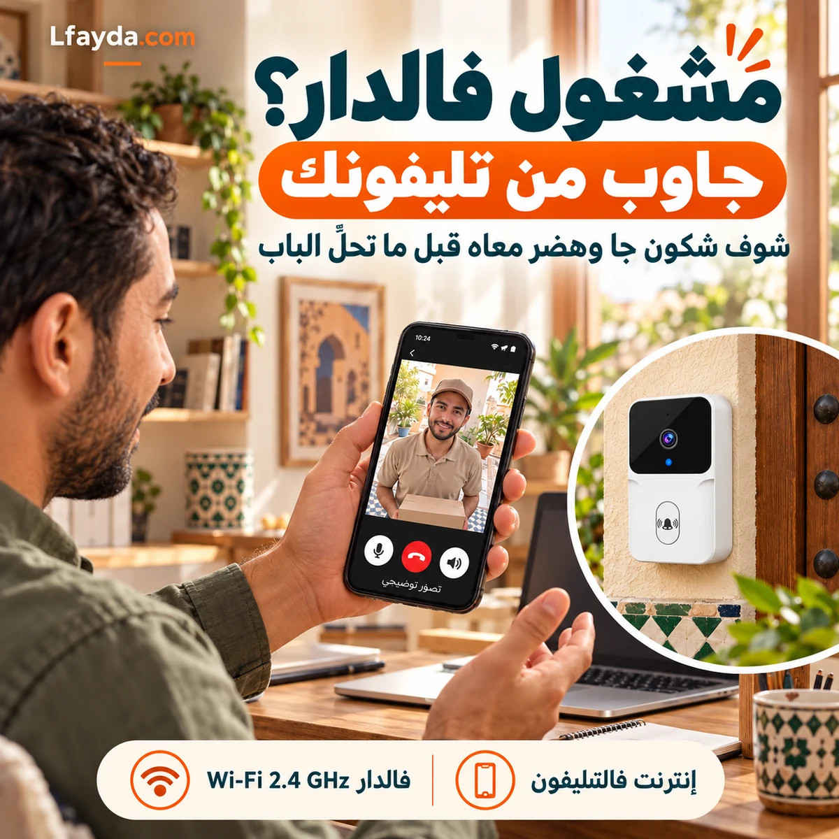 مشغول فالدار؟ شوف شكون جا وهضر معاه من تليفونك قبل ما تحلّ الباب. كيحتاج Wi-Fi 2.4 GHz فالدار وإنترنت فالتليفون.