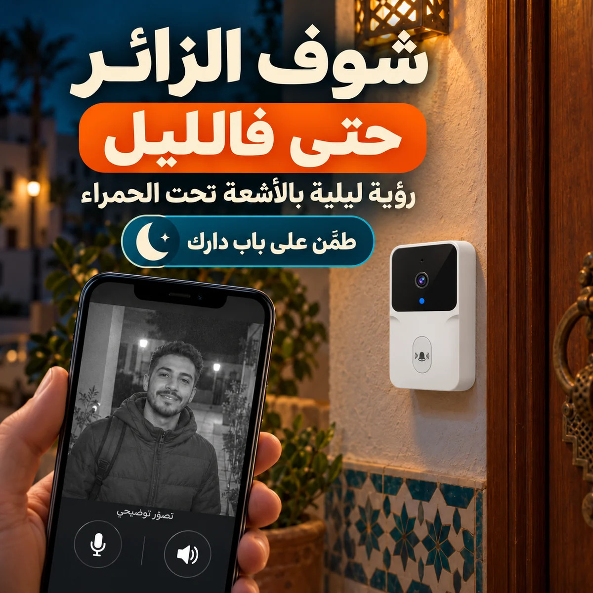 شوف الزائر حتى فالليل: الجرس الذكي الأبيض برؤية ليلية بالأشعة تحت الحمراء وصورة بالأبيض والكحل.