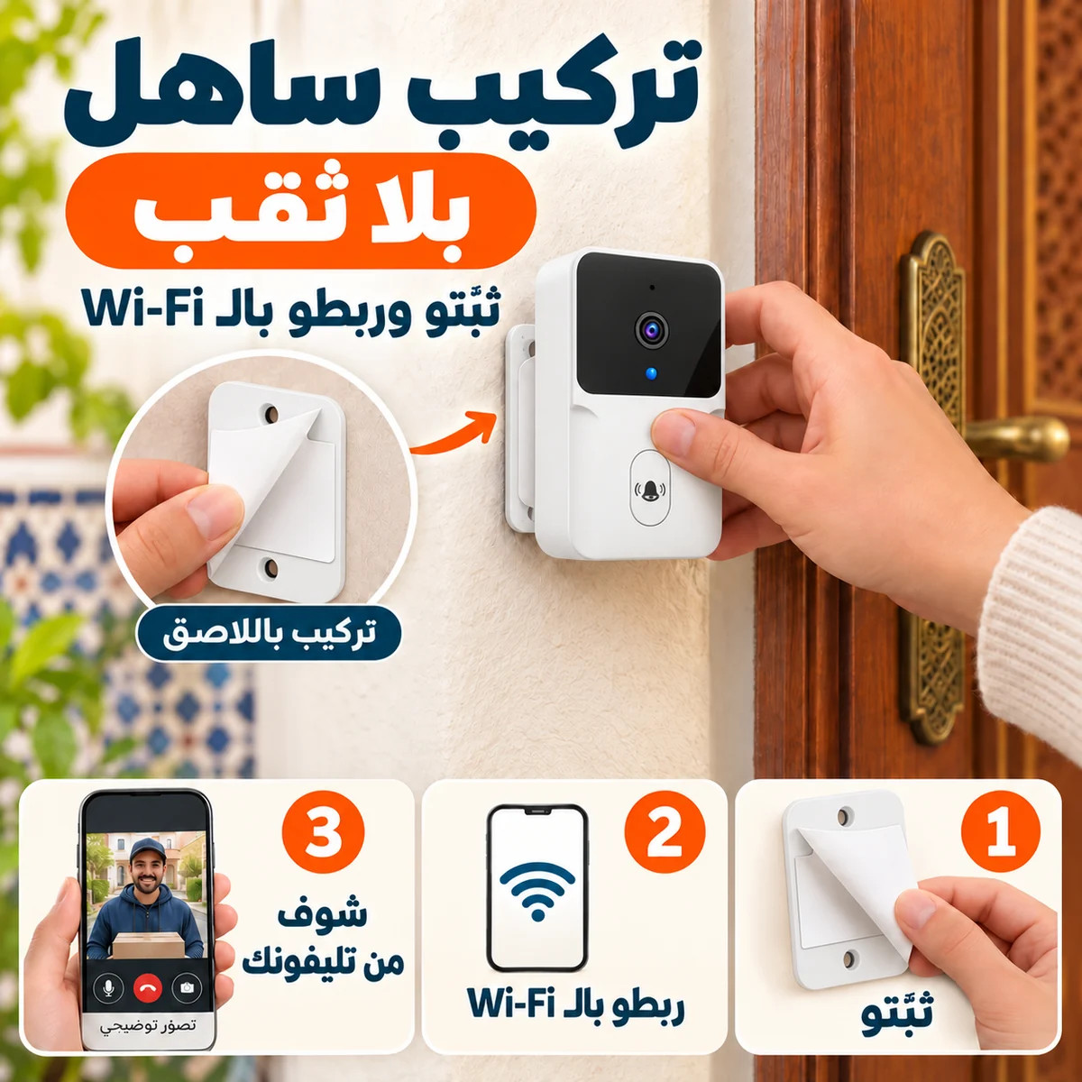 تركيب ساهل بلا ثقب: ثبت الجرس الذكي الأبيض باللاصق، ربطو بالـWi-Fi وشوف من تليفونك.